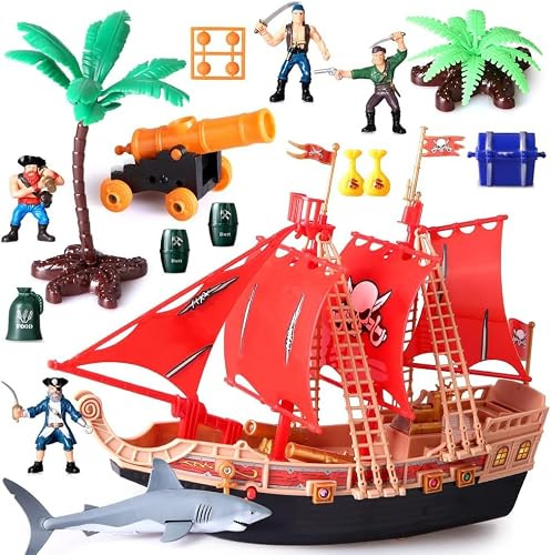 Maycoly barn piratskepp äventyrsleksak med plastaktionsfigurer piratskepp lekplats med haj, båt