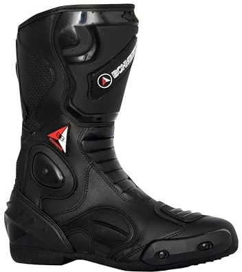 Bohmberg Spartans Motorradstiefel Herren-ergonomisch-leicht, Motorradschuhe aus echtem Leder mit aufgesetzten Hartschalenprotektoren Schwarz - EU 43