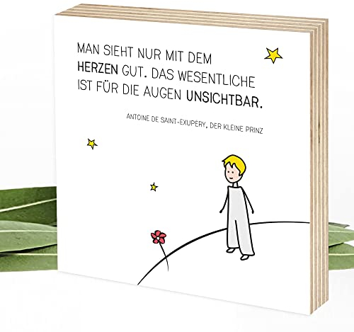 Wunderpixel® Holzbild Man sieht nur mit dem Herzen gut - aus dem kleinen Prinzen - 15x15x2cm zum Hinstellen/Aufhängen, Fotodruck mit Spruch und Illustration auf Holz - Wand-Bild Aufsteller Dekoration