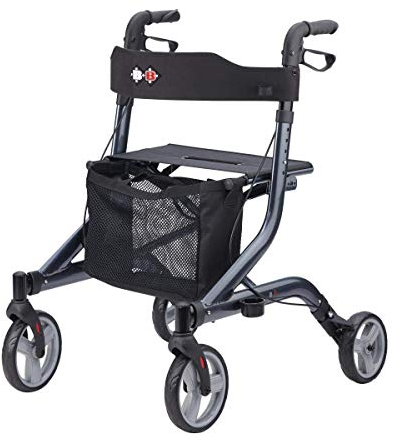 Bischoff & Bischoff Capero Rollator, faltbar – Leichtgewicht-Rollator für drinnen und draußen, Gehwagen mit Rücken-Gurt, Stockhalter und abnehmbarer Netz-Tasche, Nachtblau