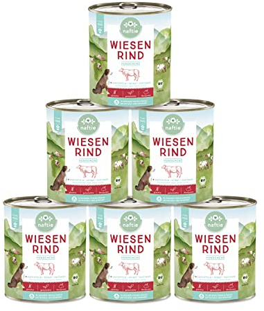 naftie Bio Hundefutter Wiesen Rind - Premium Nassfutter Menü mit Rindfleisch & Kartoffeln - getreidefrei glutenfrei - purinarm - 6X 800g Dosen
