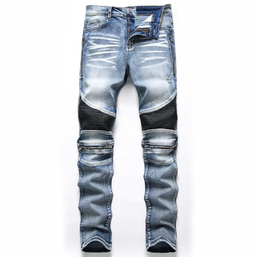AITITIA Men's Biker Zipper Deco Washed Straight Fit Jeans, 005 Blue, 34