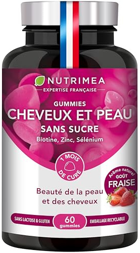 GUMMIES POUSSE CHEVEUX - Croissance des Cheveux et des Ongles - Qualité de la Peau - Avec Biotine, Zinc et Sélénium - 60 Gummies Vegan - Goût Fraise - Nutrimea - Fabriqué en France