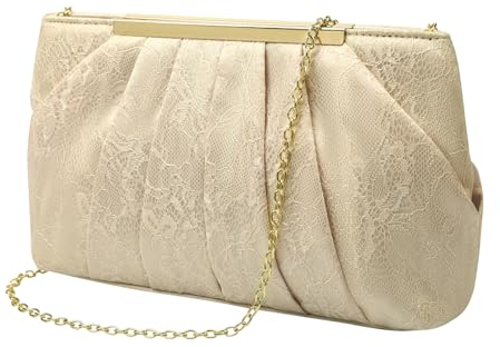 ZOUIQSS Spitze Abendtasche Damen Clutch Elegant Brauttasche aus Plissierter Satin mit Kette Handtasche für Hochzeit Abschlussball Party(Spitze Champagner)