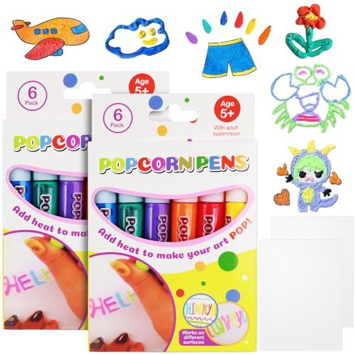 PEAKTOP 12 Pezzi Penne Magiche per Popcorn, 3D Magica Popcorn con A5 Tavole da Disegno, Bambini DIY Bubble Popcorn Drawing Pens per Decorazione Scheda Biglietti D'auguri