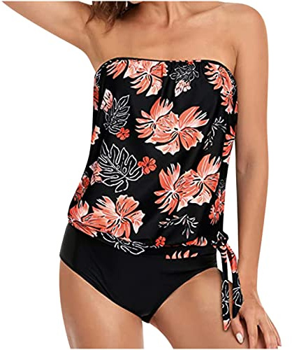 Bandeau Swimsuits for Women with Shorts UK Sale Two Piece Strapless Tankini Sets Tummy Control Swimwear Vintage Print Swim Tank Top & Shorts High Waist Bathing Suit Swimming Costumes Ladies