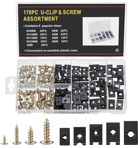 Bczhieulw 170 pezzi clips auto，clip di fissaggio per auto，85 viti a testa croce, 85 clip di montaggio per auto a forma di U, clip di fissaggio a dadi in latta per parafango per auto