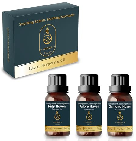 Aroma Haven Set of 3 Pack Fragrance Oil 10ml Designer Inspired Scented Perfume Scents for Diffusers Oil Wax Burners Soap & Candle Making Gift Home Made for Her Lady Haven, Adore Haven, Diamond Haven