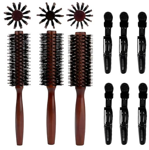 Jadin 3 Stück Rundbürste zum Föhnen, Rundbürste Haarbürste, Wildschweinborsten Bürste, Naturborsten Bürste Geeignet für dickes oder dünnes Haar, Tägliches Styling und Föhnen, Kommt mit 6 Haarspangen