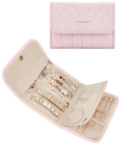 BAGSMART Travel Jewelry Organizer Case, Foldable Jewelry Roll for Necklaces, Earrings, Journey-Rings, Bracelets, Brooches, Portable, Pink