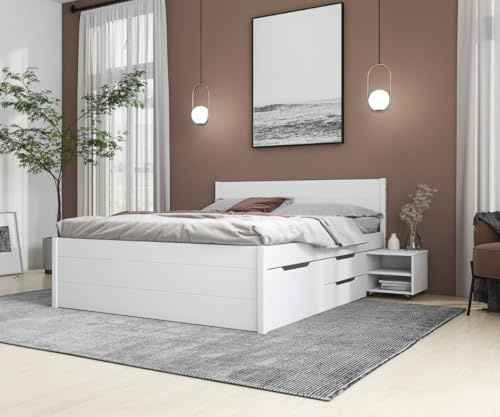 Inter Link - Bett mit Schubladen - Doppelbett 160x200 cm – Kojenbett mit Stauraum – Kiefer massivholz – 4 Schubladen und 2 Schubkasten – Inkl Lattenrost – Weiß lackiert – Efetivo 160x200cm