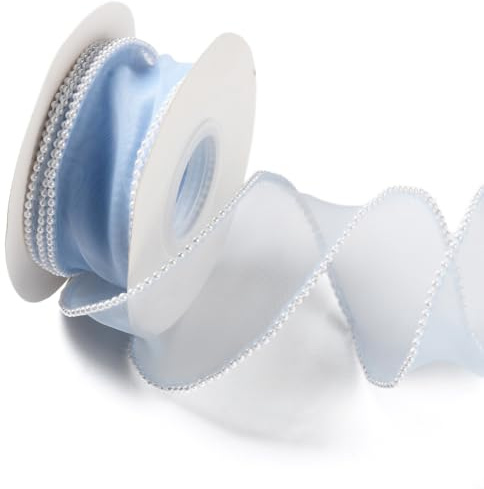CABODYALS 4.57M 40mm Light Blue Artificial Pearl Edged Organza Ribbon Smooth Fishtail Sheer Fabric Mesh Chiffon Ribbons Bundle Rolls with Spool for Sewing Making Bows Crafts Gift Wrapping Bouquet DIY