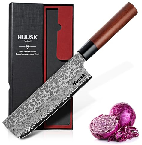 Huusk Japanese Nakiri Knife 7-Inch - Hand Forged Meat Cleaver Vegetable Chopping Knife, VG10 Damascus Chef Knives with Rosewood Handle, Japanese Kitchen Knives for Cooking, Gifts for Men