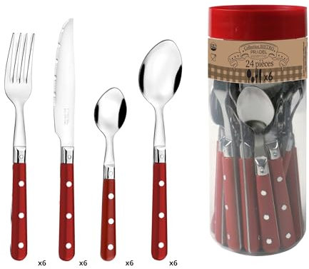 Pradel Essentiel Bistro-Club - Cubertería, 24 cubiertos de mesa, para 6 personas, acero inoxidable 18/0, acabado estándar, rojo