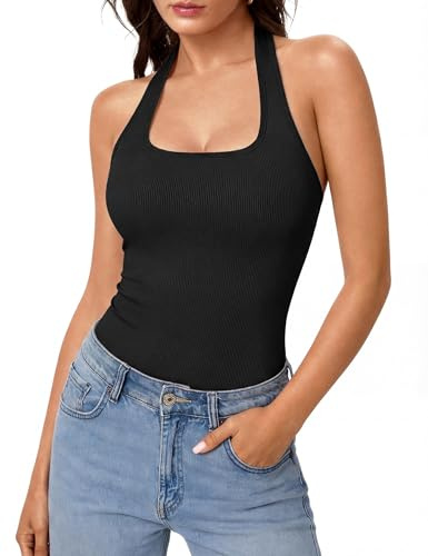 Aottori Canotta Donna Top Estivo Halter Scollo Quadrato Canotte Senza Maniche Coste Aderente Canottiera Casual Sottogiacca Nero XS