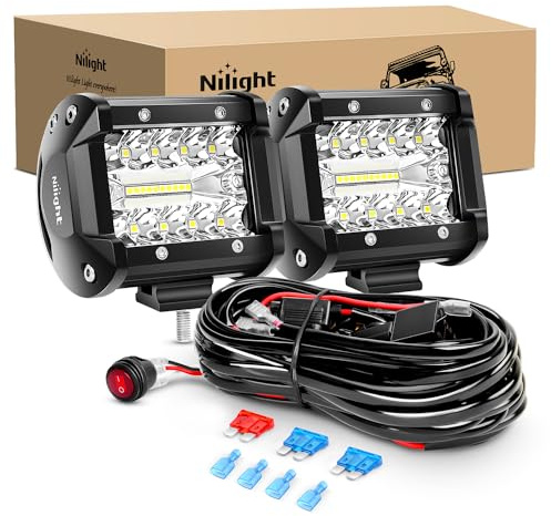 Nilight LED Light Bar 2PCS 60W 4 Inch Flood Spot Combo LED Work Light Pods Triple Row Work Driving Lamp with 12 ft Wiring Harness kit - 2 Leads