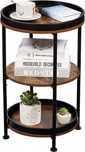 YEAKOO Industrial Nordic End Table, 3-Tier Round Side Table with Storage Shelf Edge Protection Tray, Sturdy Metal Frame Coffee Table Bedside Table for Living Room Bedroom Small Spaces/Rustic Brown