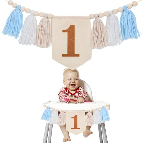 1st Birthday High Chair Banner, Wood Bead Highchair Tassel Boho Style One Photo Backdrop Wall Hangings for Kids Party Decoration