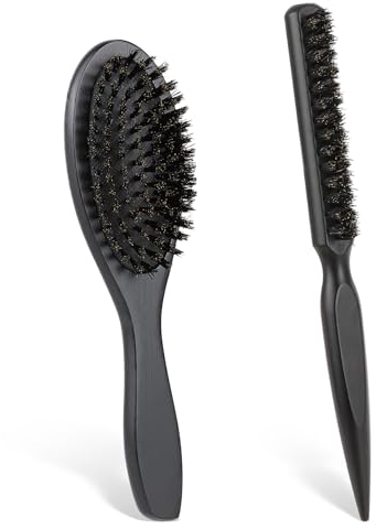 2 Stück Schwarz Wildschweinborsten Bürste, Sleek Bun Bürste Haarbürste Sleek Look Weiche Naturborsten Borsten Bürste Toupierbürste Teasing Hair Brush für Haar und Bart Styling