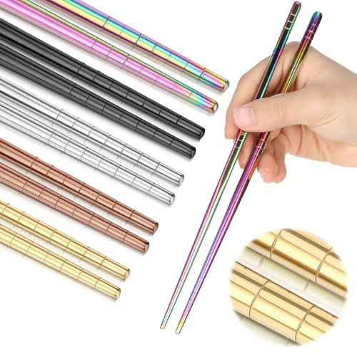 5 paia di bacchette colorate in acciaio inox, riutilizzabili per sushi, lavabili in lavastoviglie, in metallo, cinese giapponese, coreano, 23 cm (5 colori)