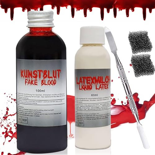 Kit Faux Sang Halloween,100ml Faux Sang+60ml Latex Halloween Maquillage Maquillage Halloween Effets Spéciaux Faux Sang Lavable,Accessoire Sang Maquillage pour Halloween Fête Cosplay