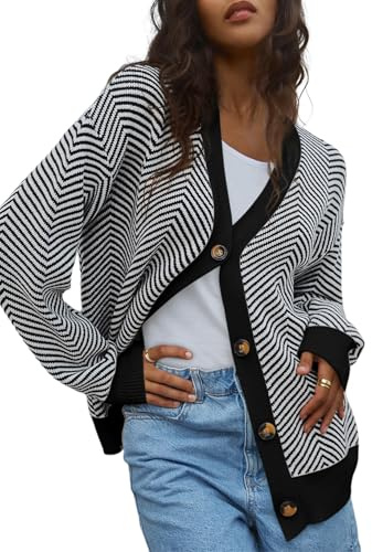 Dokotoo Strickjacken Damen Langarm V-Ausschnitt Streifen Strickjacke Herbst Elegant Kurz Strickpullover Knopfleiste Open Front Strick Pullover Cardigan Baumwolle Sweater Weiß 2XL