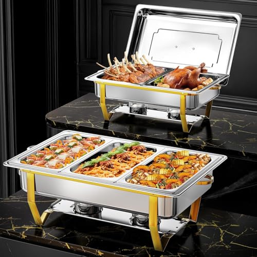 WARMOUNTS Rectangular Gold Chafing Dishes for Buffet with Upgraded Multi-Size Food Pans (9QT, 2Pack), Large Chafing Dish Set w/Mirror-Polished Stainless Steel, Rolled Rim, Foldable Frame for Party