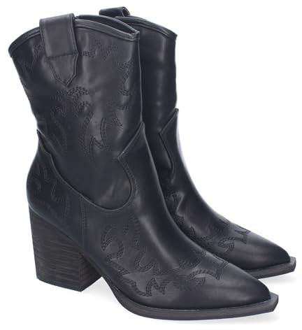 shoes&blues.es 88584 Botines Estilo Cowboy Elegantes para Mujer, Detalles Bordados, Comodas y Punta Fina, Cierre de Cremallera Lateral. Negro Talla 38