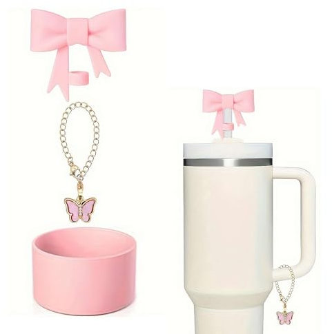 Stanley 30oz & 40oz Cup Accessories - 3 Cute Bow Decorations with Straw Cover, Handle Charm (Pink) - Includes Bow Straw Cover Cap & Silicone Boot
