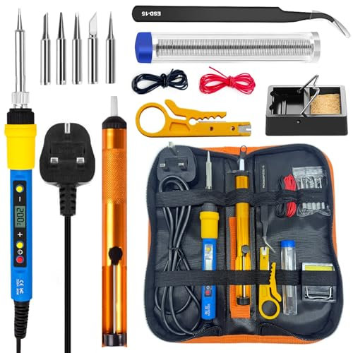 MOGAOPI Soldering Iron Kit, 80W LCD Adjustable Temperature 180-500°C Welding Tools, Solder Wire, Soldering Tips, Stand, Desoldering Pump, Tweezers