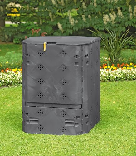 JUWEL Compostador Bio 600 Gris Antracita (Capacidad útil 600 L, para residuos de jardín y Cocina, compostador de jardín con Tapa de protección contra el Viento, Resistente a los Rayos UV y a la