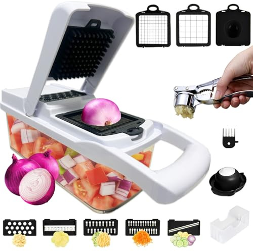 Vegetable Chopper & Mandoline Slicer - Julienne Cutter Dicer Grater for Food Veg Onion Cucumber Tomato Salad Potato Cheese - with Garlic Press - Kitchen Gadgets & Accessories (15-in-1, White & Black)