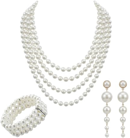 UJBVCX 3 Pendientes de Perlas Pulsera, Juego Perlas Los Años 20, Perla Elásticas Collar Perla 1920 Ropa y Accesorios Juego Joyas para Fiestas Bailes de Graduación Bodas Festivales