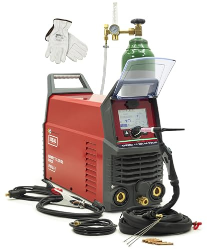 Ideal Expert TIG 201 DC Pulse LCD WIG svetsmaskin inverterset – 200A HF tändning och e-hand MMA – inkl. 8 l argon gasflaska, tryckreducerare, handskar – professionell för stål och rostfritt stål