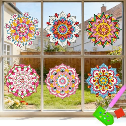 MINGZE 6 Pièces de Diamant Peinture Fenêtre Peintures, Bricolage Fenêtre Art Métiers Ensemble Cadeau Fille 6 7 8 9 Ans, 5D Mandala Suncatcher Métiers Ensembles pour les Enfants Peinture Créative