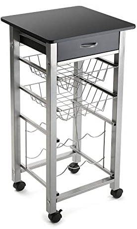 Versa Leicester Küchenwagen mit Rädern, Schubladen und Flaschenregal, Gemüsehändler, Küchenablage, Maßnahmen (H x L x B) 82 x 40 x 40 cm, Holz und Metall, Farbe: Schwarz