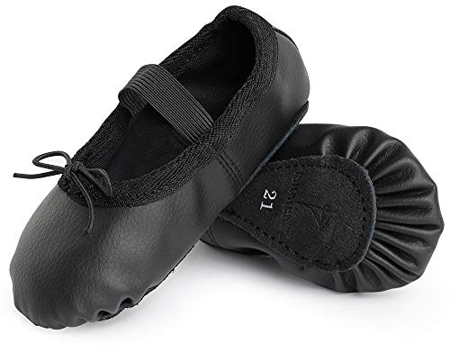 Bezioner Chaussures de Danse Cuir Demi Pointe Pantoufle de Ballet Ballerine Chausson de Gymnastique pour Enfants et Femme Noir 28