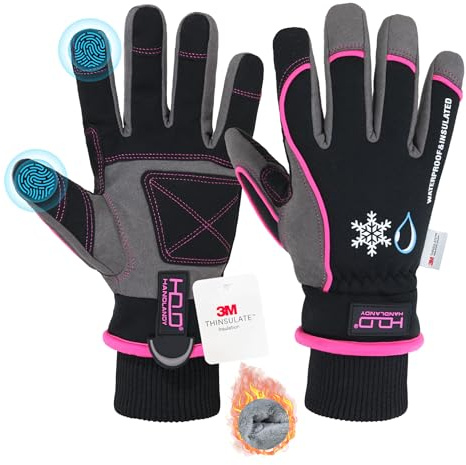 Guantes de Trabajo Impermeables aislados, Guantes térmicos de Invierno para Hombres y Mujeres con Pantalla táctil, Guantes cálidos para esquí, Snowboard, Clima frío (Rosa/Grande)