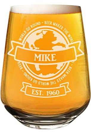 Bicchiere da birra artigianale personalizzato in vetro per birra fa girare il mondo qualsiasi nome sidro 2/3 pinta personalizzato compleanno papà nonno festa del papà