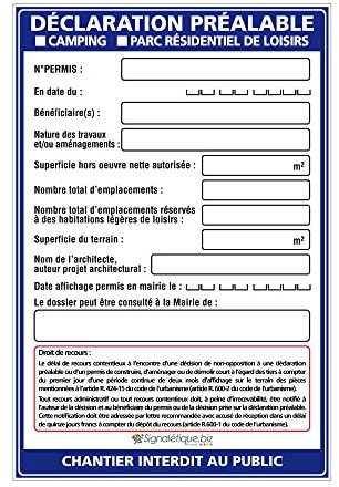 Signalétique.biz France - Signalétique.biz - Panneau Déclaration Préalable Camping & Parc Résidentiel + Marqueur Noir - Akylux 80x120 cm Anti-UV Sans Œillets