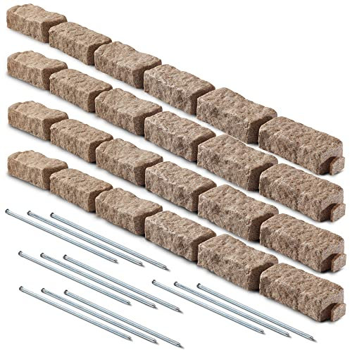 Beuta Landscape Edging | Garden Edging Border | Faux Stone Bricks for Lawn edging, Flower beds, Pathways & Yard Edging– 4 Packs | Each Section Has 6 Bricks 48L x 4W x 2.25H | 12 Spikes |Sandstone
