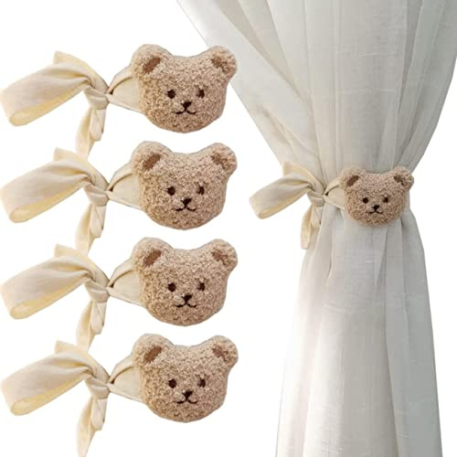 Yinitoo Gardinomtag för gardiner, 4 stycken tecknade björnar gardin spänne rem broderade djurform gardin gardinomtag barnrum dekoration tillbehör bomull gardiner hållare (beige)