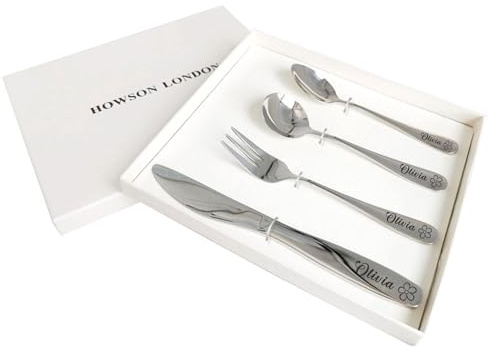 Personalized Toddler Silverware Stainless Steel Kids Utensils Cutlery Set for Kids 4pcs Custom Engraved Dinner Forks Knives Spoons with Any Name Stainless Steel Flatware for kids (Flower)