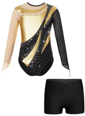 ranrann Enfant Fille Justaucorps Gymnastique avec Short Ensemble Tenue Danse Gym Strass Costume Spectacle 5-16 Ans