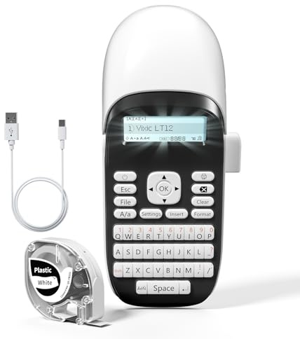 Vixic Dispositivo de etiquetado de mano LT-12, impresora de etiquetas portátil con teclado QWERTZ, etiquetadora con etiquetas de papel, ideal para la oficina, el exterior y el hogar (blanco)