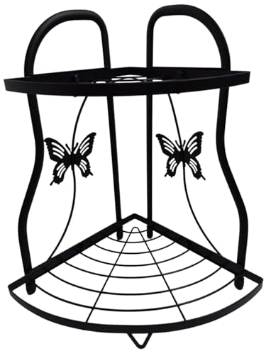 PENGYETHTY Eckregal Bad,Eckregal Stehend,2 Lagige,Duschablage Ecke,Schwarz,Metalleisenmaterial,33×24×36cm,Schmetterlingsdekoration,Badezimmer Organizer