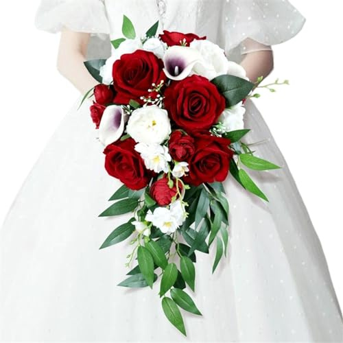 Bouquet de mariée rouge vin de 10,2 pouces, bouquet en cascade, bouquet de mariage en forme de larme, bouquet de roses artificielles en cascade for la mariée tenant une pièce maîtresse de mariage