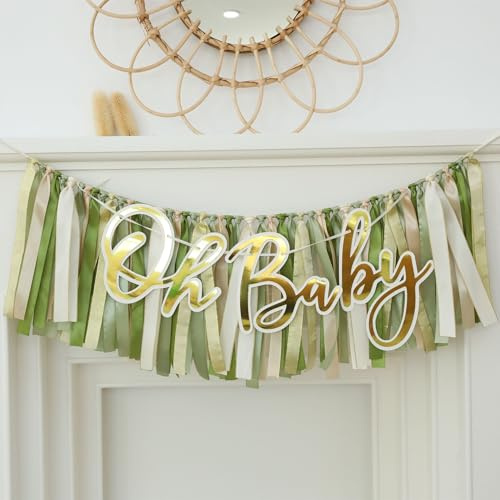Green Ribbon Tassel Garland Fabric Tassel Banner for Gender Neutral Oh Baby Photo Booth Birthday Decoration