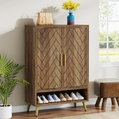 Tribesigns Shoe Cabinet with 2 Doors, 75 x 37 x 110 cm, Shoe Rack for 25 Pairs of Shoes Shelf, Shoe Tipper Slim Wooden Shelf Organiser for Entrance, Hallway Cabinet, Living Room (Rustic Brown)
