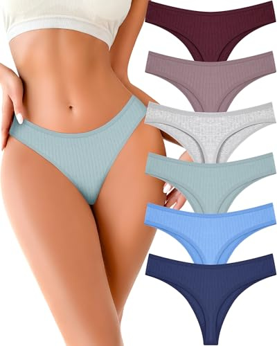 FINETOO Cotton Thongs Underwear Women Breathable Low Rise Panties 6 Pack